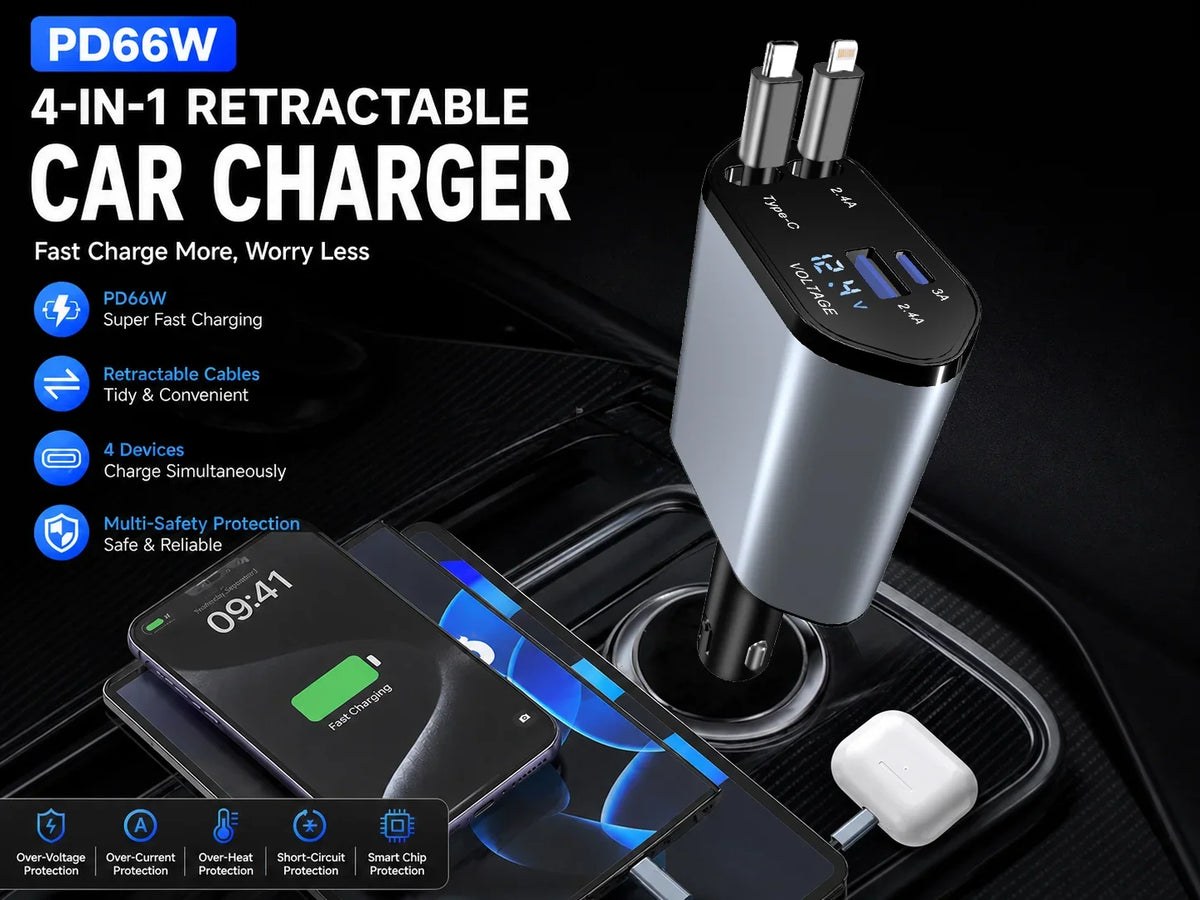 120W 4 in 1 Retractable Car Charger Built in USB C Lightning Compatible Cables 80cm Fast Charging LED Voltage Display 12V 24V