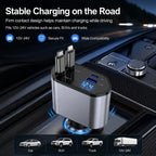 120W 4 in 1 Retractable Car Charger Built in USB C Lightning Compatible Cables 80cm Fast Charging LED Voltage Display 12V 24V