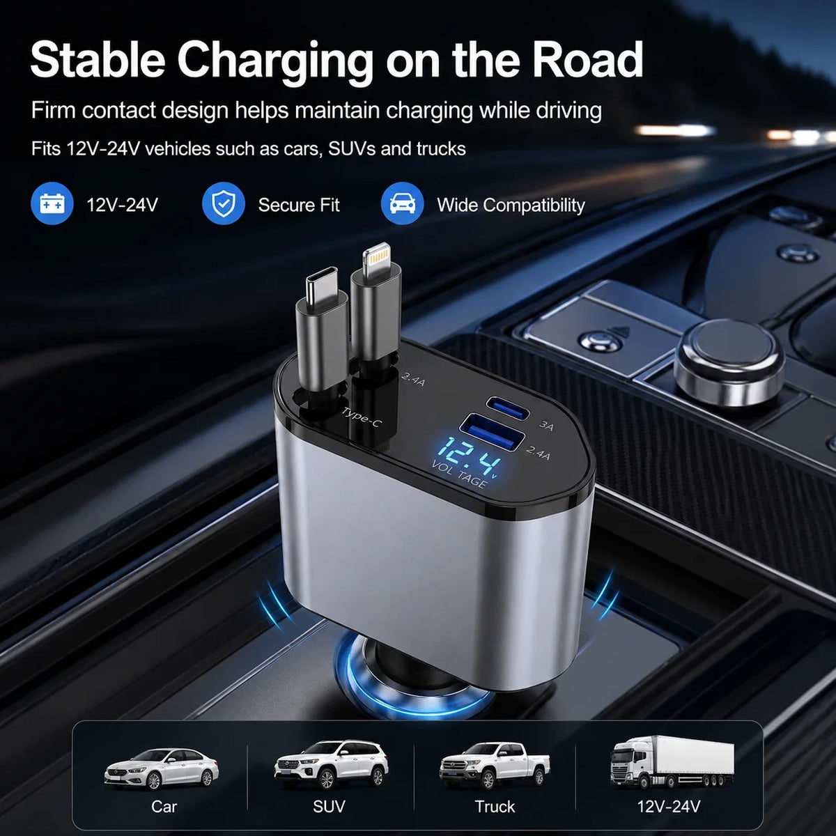 120W 4 in 1 Retractable Car Charger Built in USB C Lightning Compatible Cables 80cm Fast Charging LED Voltage Display 12V 24V
