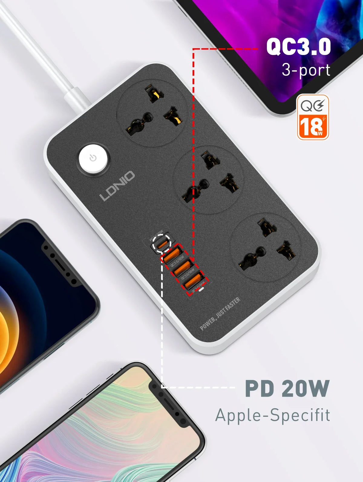LDNIO Universal Power Strip 3 Sockets 4 USB 2M Extension Power Socket Combo Type-C 20W Port QC3.0 Phone Fast Charging Port