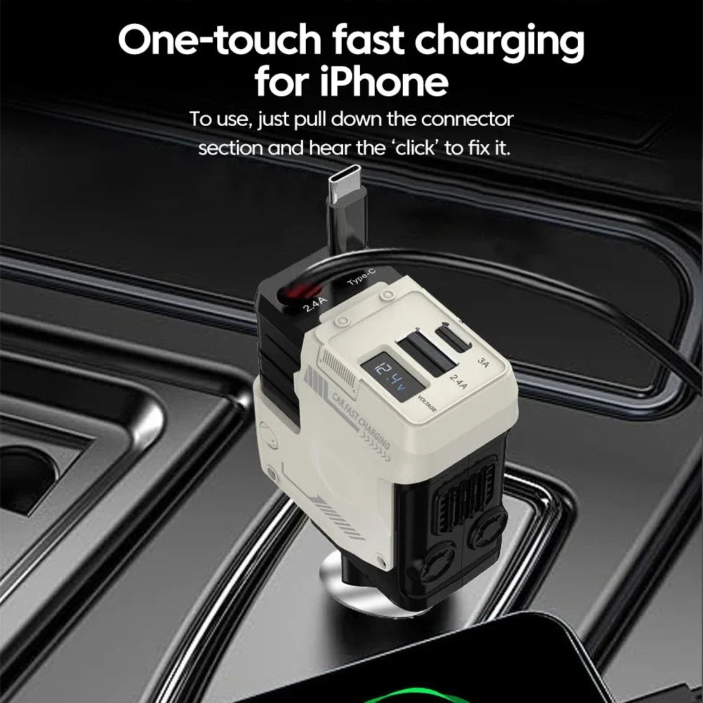 Retractable 4-in-1 Fast Car Charger with Digital Display