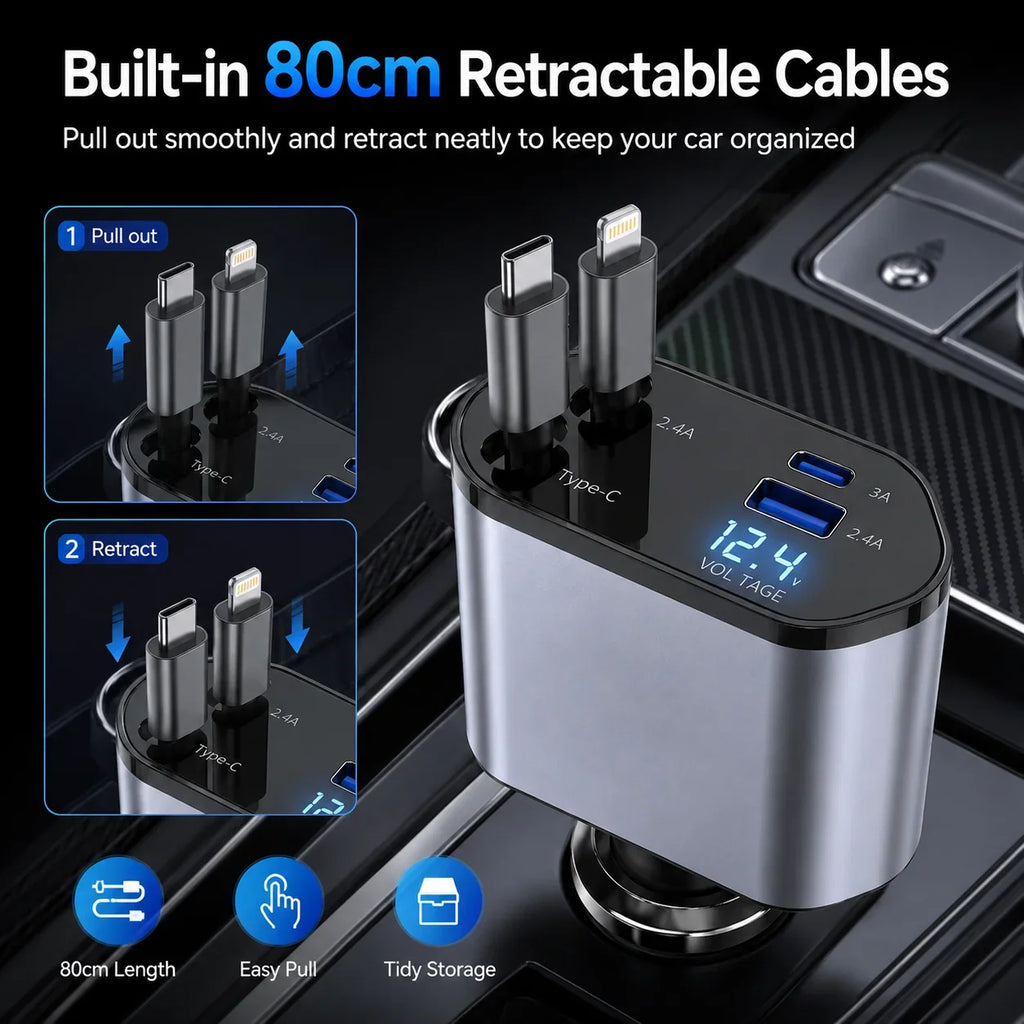 120W 4 in 1 Retractable Car Charger Built in USB C Lightning Compatible Cables 80cm Fast Charging LED Voltage Display 12V 24V