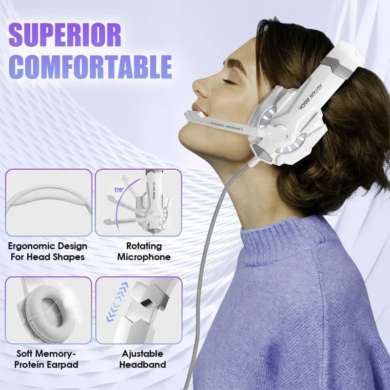 Gaming Headset With Microphone For PS5 PS4 Xbox PC 3D Surround Sound RGB Wired Headphones Noise Cancelling Memory Foam Earcup
