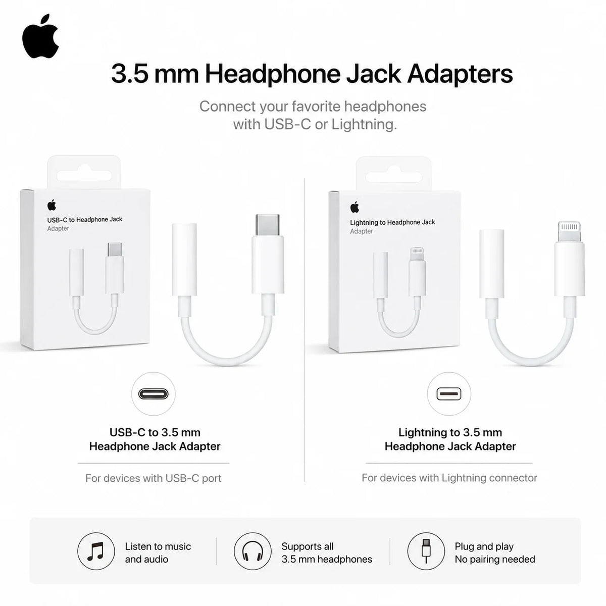 Official Apple USB-C Type-C Lightning to 3.5mm Headphone Jack Adapter & Wired EarPods Earphones with Remote Mic for iPhone iPad
