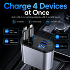 120W 4 in 1 Retractable Car Charger Built in USB C Lightning Compatible Cables 80cm Fast Charging LED Voltage Display 12V 24V