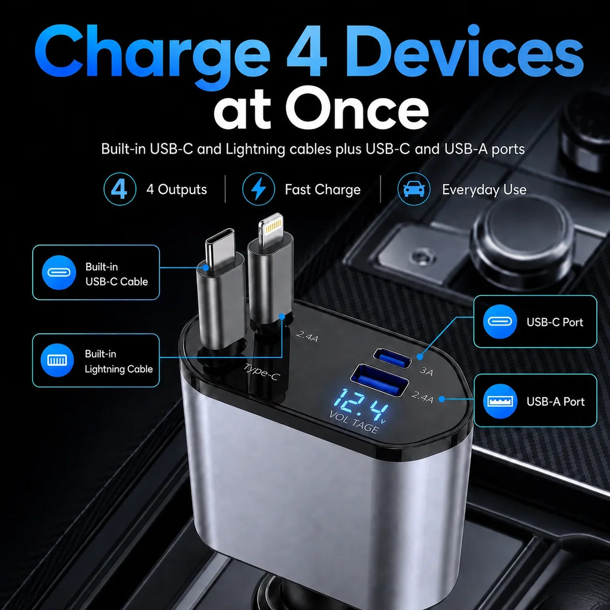 120W 4 in 1 Retractable Car Charger Built in USB C Lightning Compatible Cables 80cm Fast Charging LED Voltage Display 12V 24V