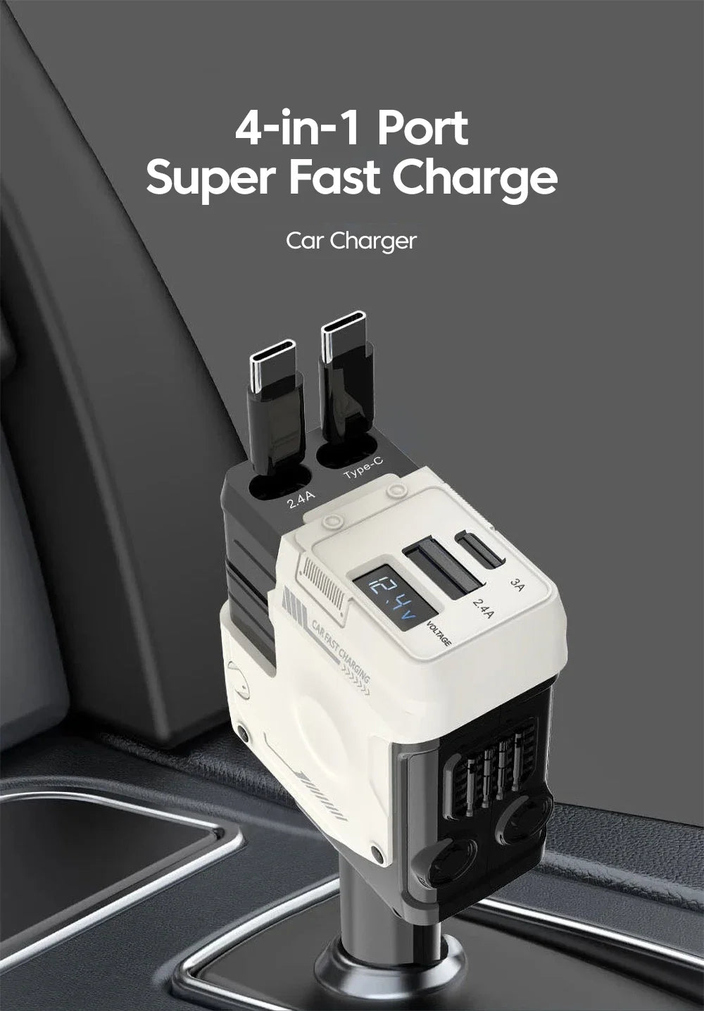 Retractable 4-in-1 Fast Car Charger with Digital Display