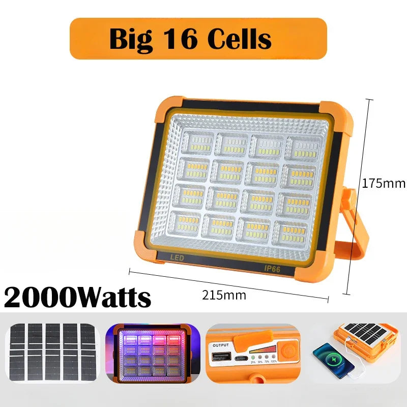 15000LM USB Rechargeable LED Solar Flood Light 2000Watt with Magnet Strong Light Portable Camping Tent Lamp Work Repair Lighting
