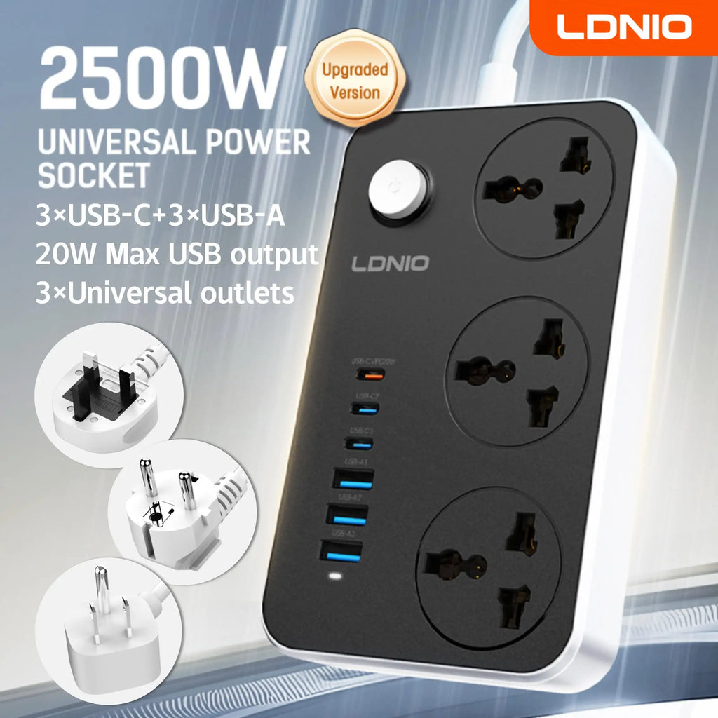 LDNIO Universal Power Strip TypeC 6 USB Port 3 Way AC Outlet 2M Extension Power Socket Charge Electrical Socket EU US UK Plug