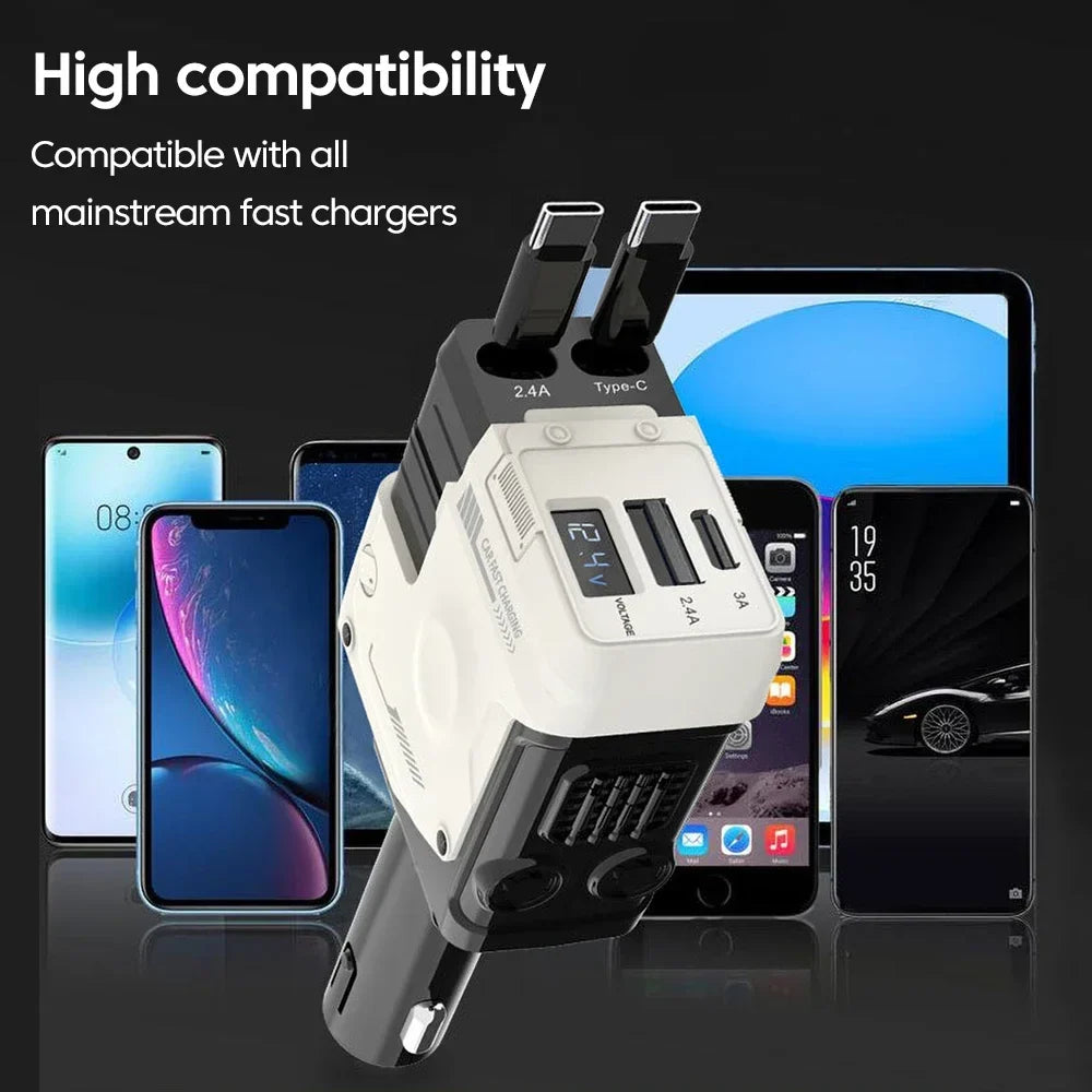 Retractable 4-in-1 Fast Car Charger with Digital Display