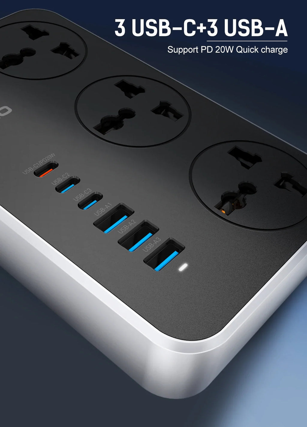 LDNIO Universal Power Strip TypeC 6 USB Port 3 Way AC Outlet 2M Extension Power Socket Charge Electrical Socket EU US UK Plug
