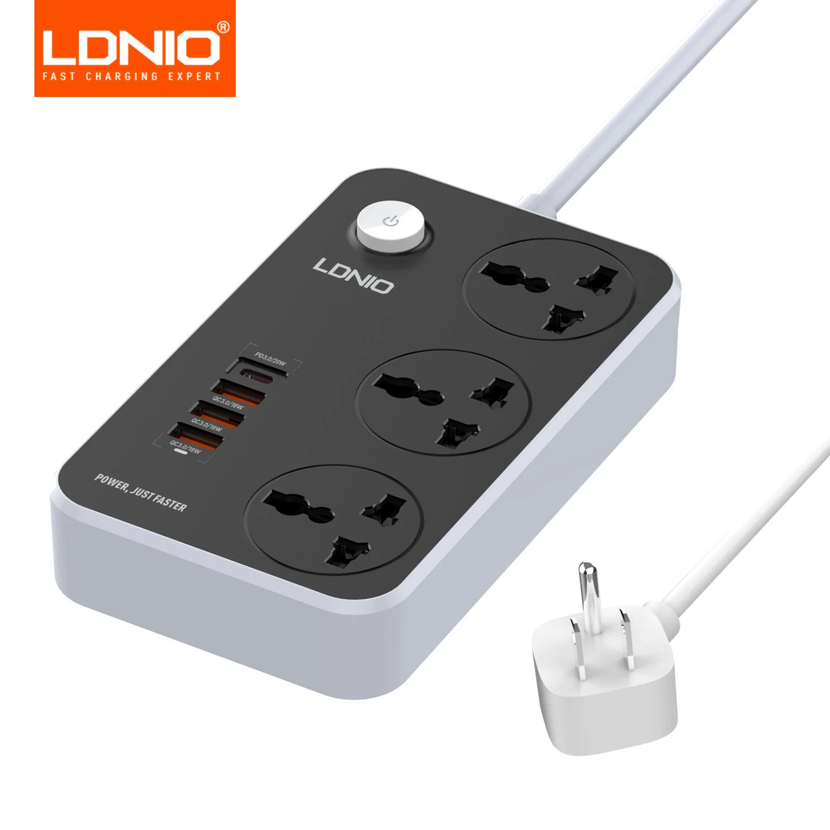 LDNIO Universal Power Strip 3 Sockets 4 USB 2M Extension Power Socket Combo Type-C 20W Port QC3.0 Phone Fast Charging Port