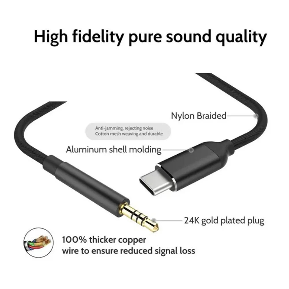 USB-C to 3.5mm AUX Audio Cable, Type-C Aux Adapter Converter for Car, Headphones & Speakers