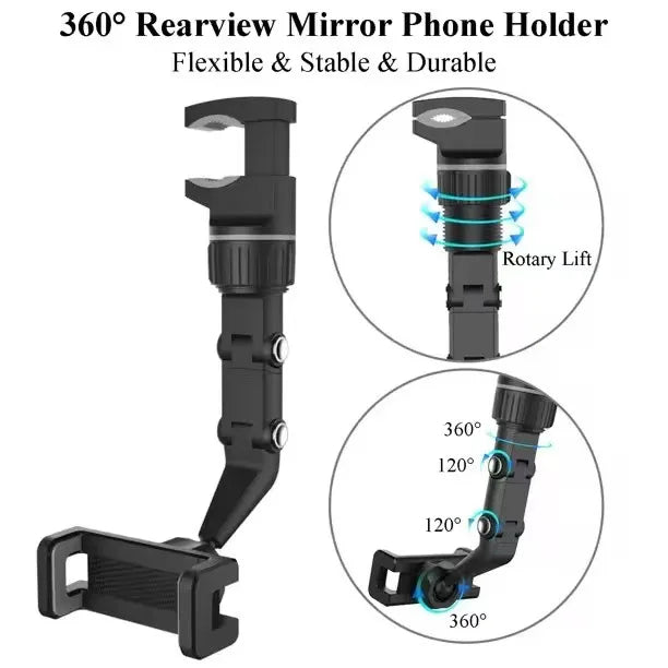 Rearview Mirror Car Phone Mount – 360° Rotatable & Retractable