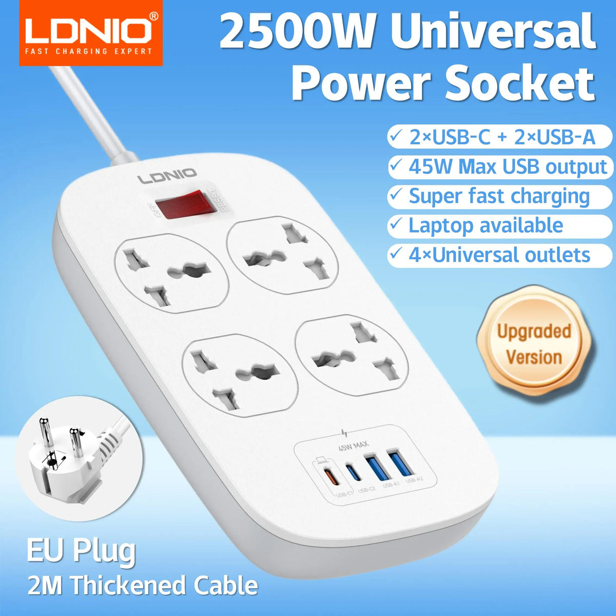LDNIO Universal Power Strip TypeC 6 USB Port 3 Way AC Outlet 2M Extension Power Socket Charge Electrical Socket EU US UK Plug