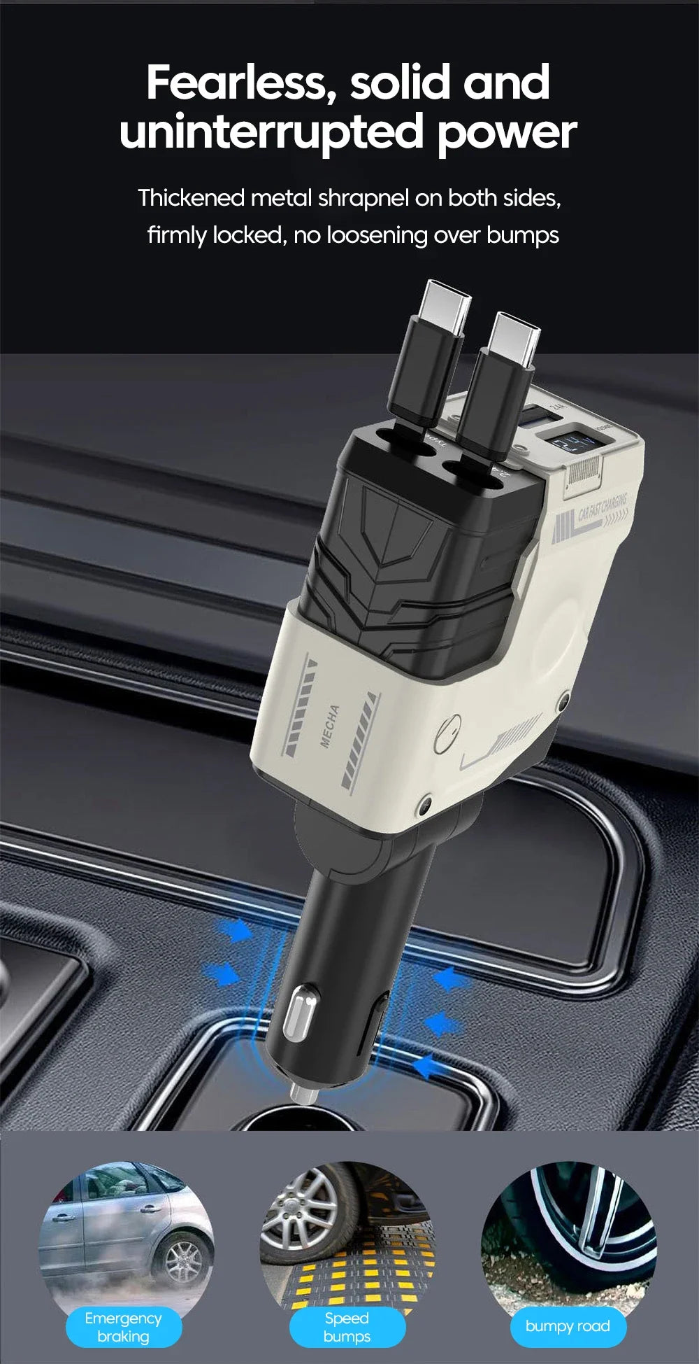 Retractable 4-in-1 Fast Car Charger with Digital Display