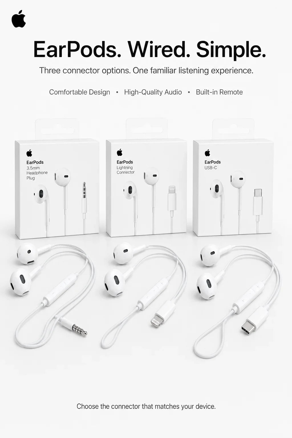 Official Apple EarPods Wired Headphones Lightning USB-C 3.5mm Connector with Mic Remote Adapters for iPhone iPad MacBook