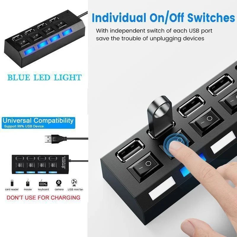 4 Ports USB HUB 2.0 Adapter Expander Multi USB Splitter Multiple Extender with LED Lamp Switch for PC Laptop