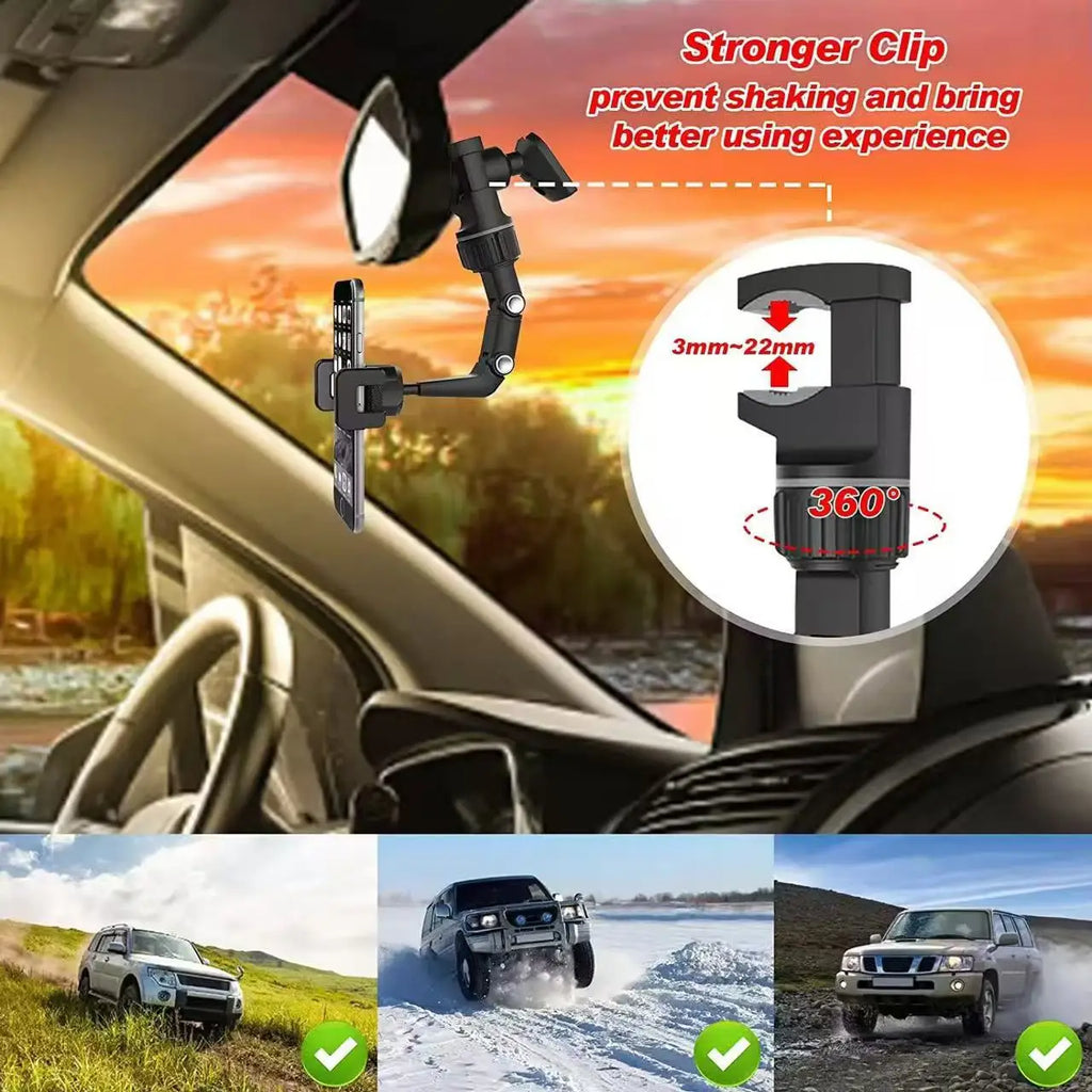 Rearview Mirror Car Phone Mount – 360° Rotatable & Retractable