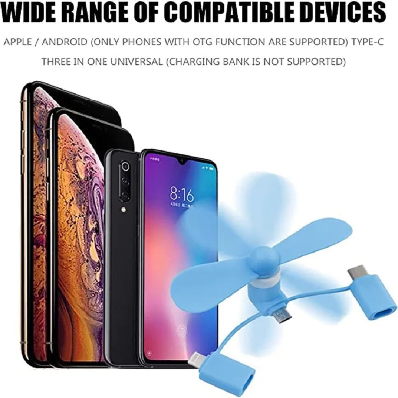 Colorful Micro USB Type C 3 in 1 USB Powered Phone Fan for iPhone iPad Android Smartphone Tablet Lightning Connector Cooling