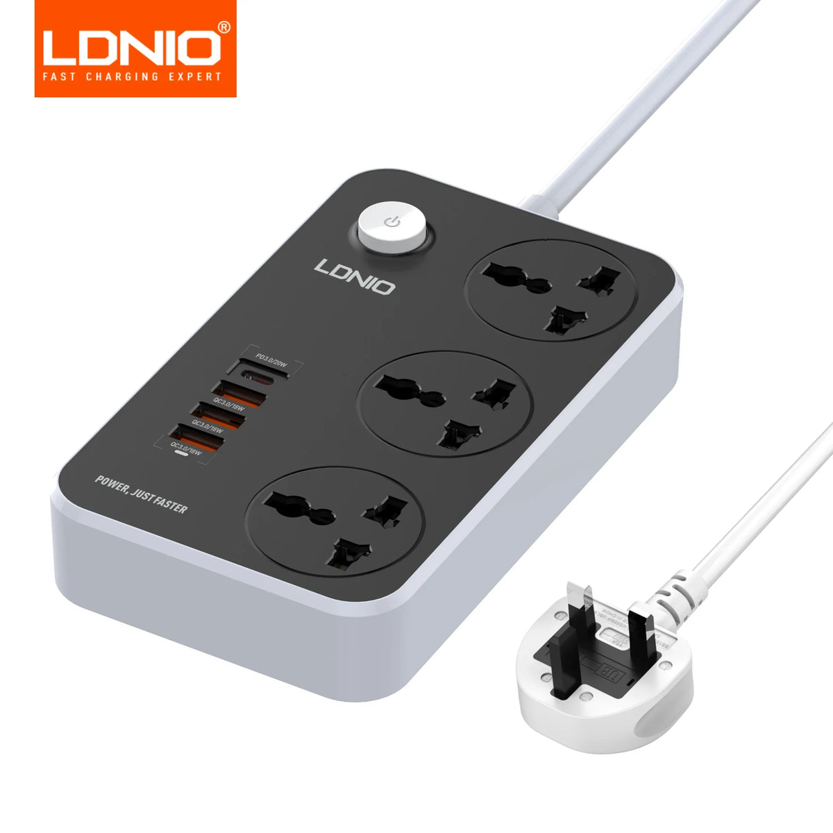 LDNIO Universal Power Strip 3 Sockets 4 USB 2M Extension Power Socket Combo Type-C 20W Port QC3.0 Phone Fast Charging Port