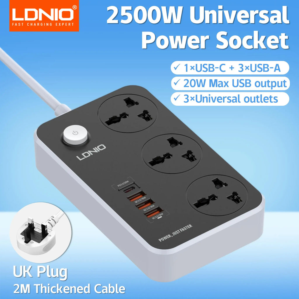 LDNIO Universal Power Strip TypeC 6 USB Port 3 Way AC Outlet 2M Extension Power Socket Charge Electrical Socket EU US UK Plug