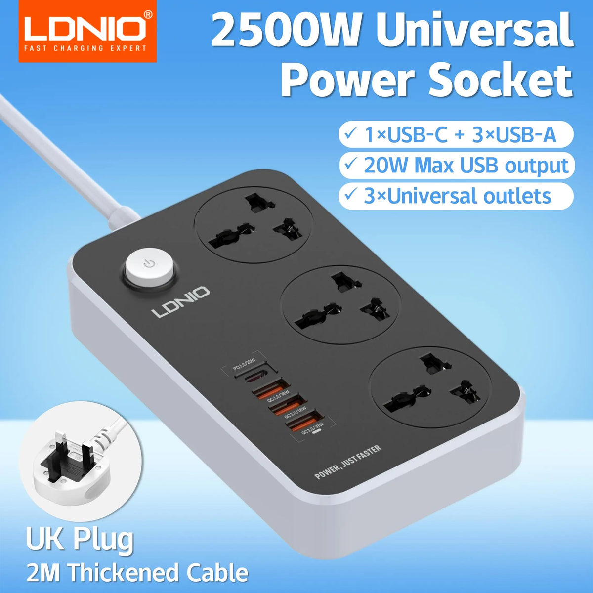 LDNIO Universal Power Strip TypeC 6 USB Port 3 Way AC Outlet 2M Extension Power Socket Charge Electrical Socket EU US UK Plug