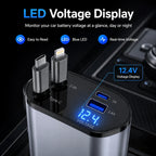 120W 4 in 1 Retractable Car Charger Built in USB C Lightning Compatible Cables 80cm Fast Charging LED Voltage Display 12V 24V