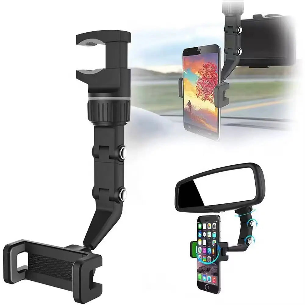 Rearview Mirror Car Phone Mount – 360° Rotatable & Retractable