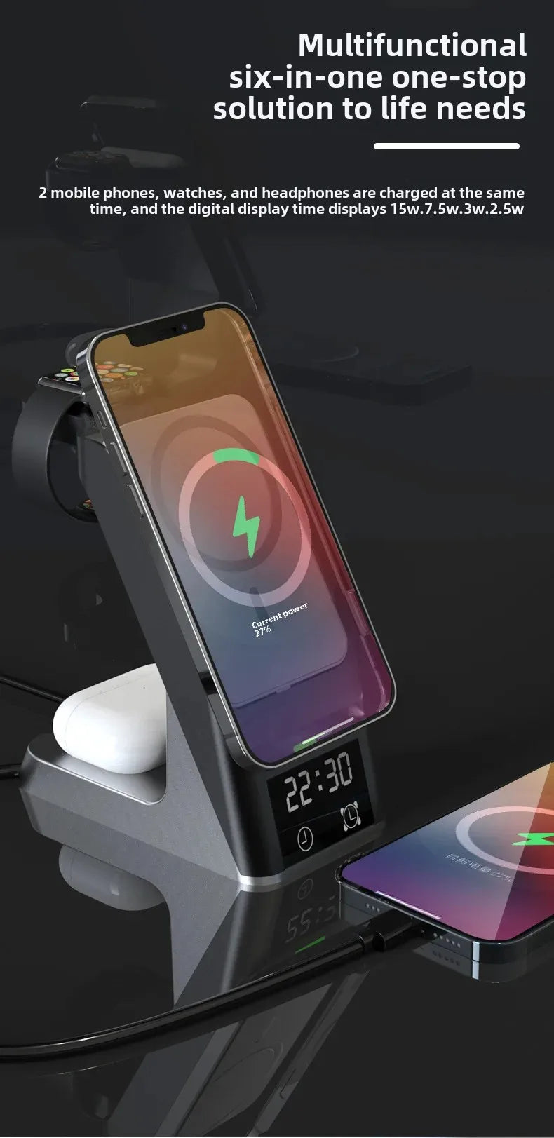 Six-In-One Multi-Function Wireless Charger Bluetooth Earphones Immediate Charging And Placing Clock Alarm Function