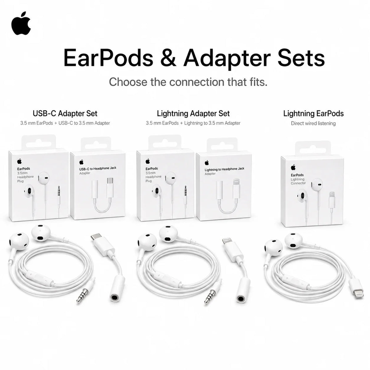 Official Apple EarPods Wired Headphones Lightning USB-C 3.5mm Connector with Mic Remote Adapters for iPhone iPad MacBook