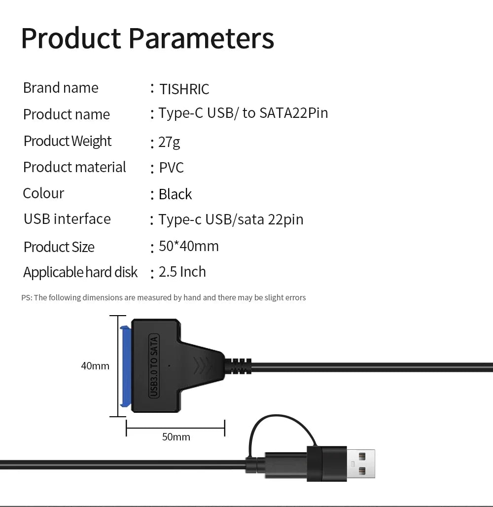 SATA To USB 3.0/Type-C/2 In 1 USB3.0 Type-C Cable Up To 6 Gbps For 2.5 Inch External HDD SSD Hard Drive SATA 3 22 Pin Adapter