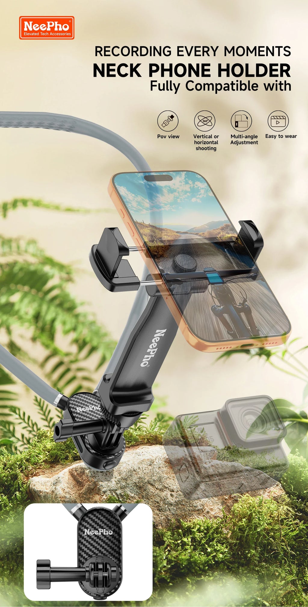 NeePho NP-G2 Soft Silicone Neck Mount Bracket, POV First-Person Perspective Phone & Action Camera Holder
