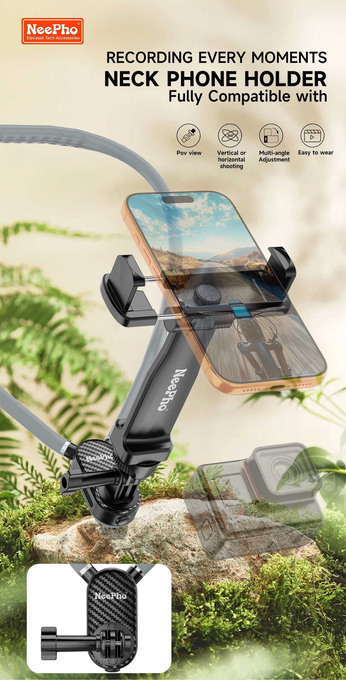 NeePho NP-G2 Soft Silicone Neck Mount Bracket, POV First-Person Perspective Phone & Action Camera Holder