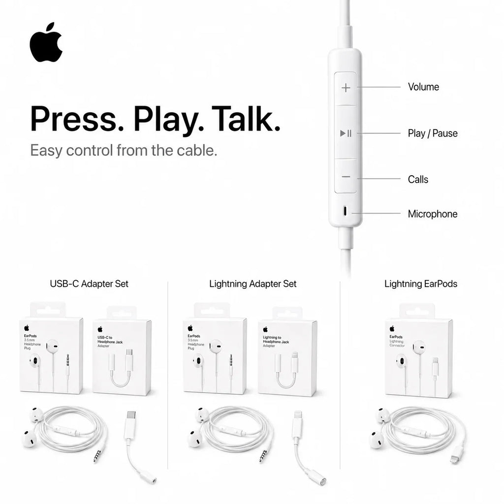 Official Apple EarPods Wired Headphones Lightning USB-C 3.5mm Connector with Mic Remote Adapters for iPhone iPad MacBook