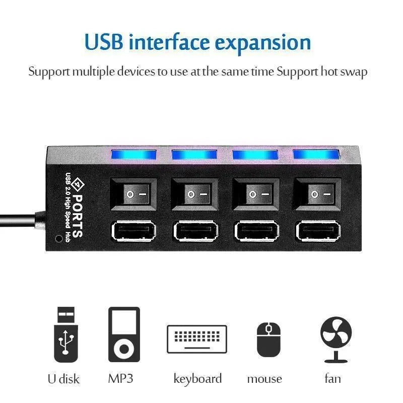 4 Ports USB HUB 2.0 Adapter Expander Multi USB Splitter Multiple Extender with LED Lamp Switch for PC Laptop