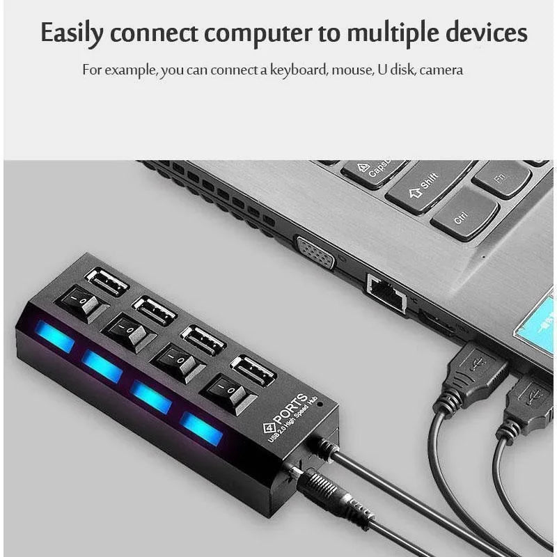 4 Ports USB HUB 2.0 Adapter Expander Multi USB Splitter Multiple Extender with LED Lamp Switch for PC Laptop