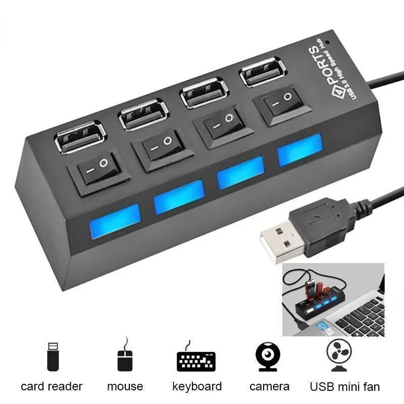 4 Ports USB HUB 2.0 Adapter Expander Multi USB Splitter Multiple Extender with LED Lamp Switch for PC Laptop