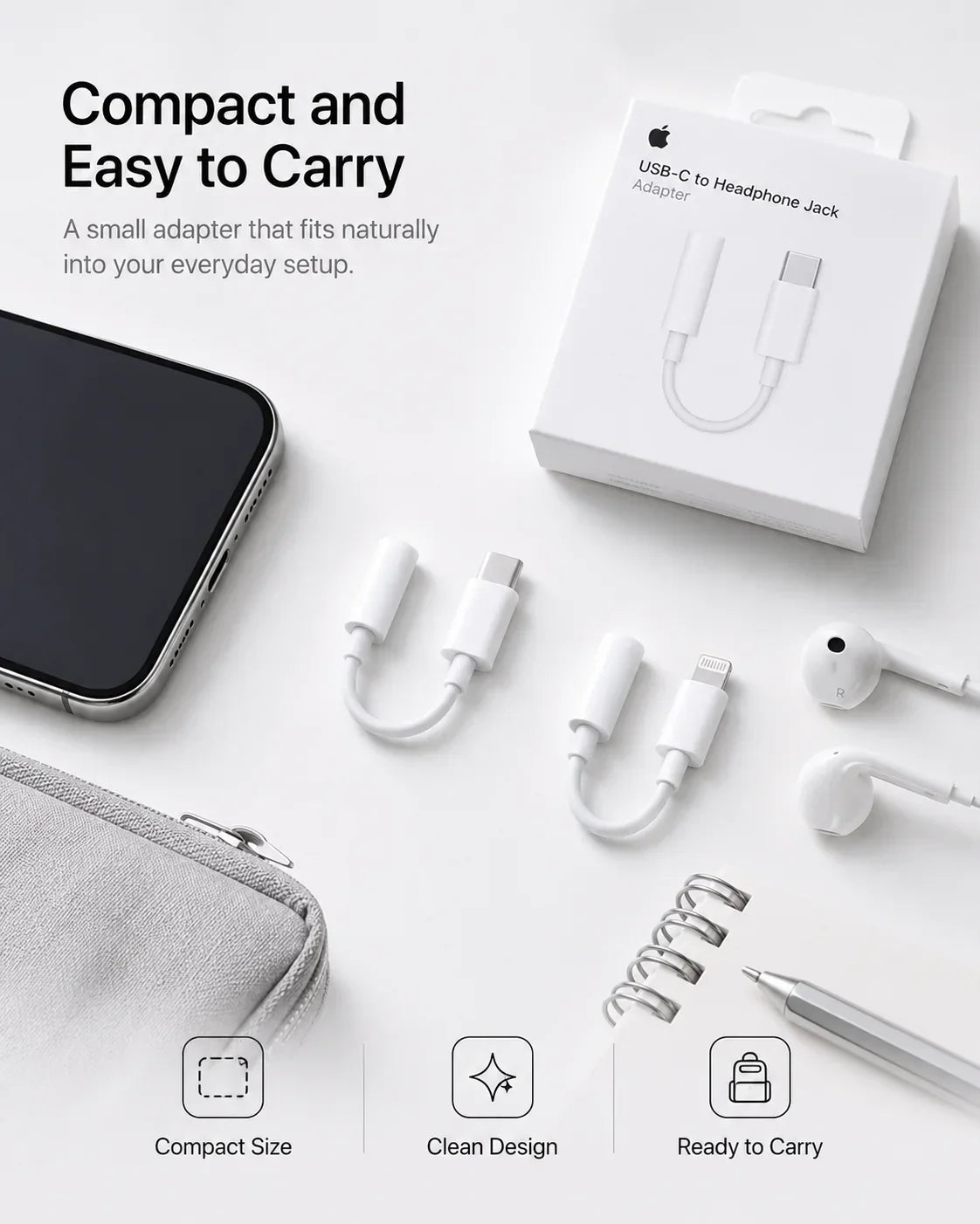 Official Apple USB-C Type-C Lightning to 3.5mm Headphone Jack Adapter & Wired EarPods Earphones with Remote Mic for iPhone iPad