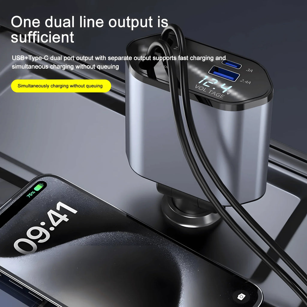 120W 4 in 1 Retractable Car Charger Built in USB C Lightning Compatible Cables 80cm Fast Charging LED Voltage Display 12V 24V
