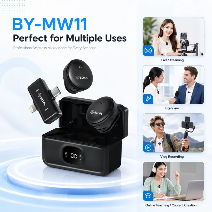 BOYA BY-MW11 Wireless Microphone with Charging Case | Dual Clip-On Lavalier Mic | 360° Voice Pickup | Plug & Play Portable Mic for YouTube, Vlogging, Interviews, Live Streaming & Online Teaching