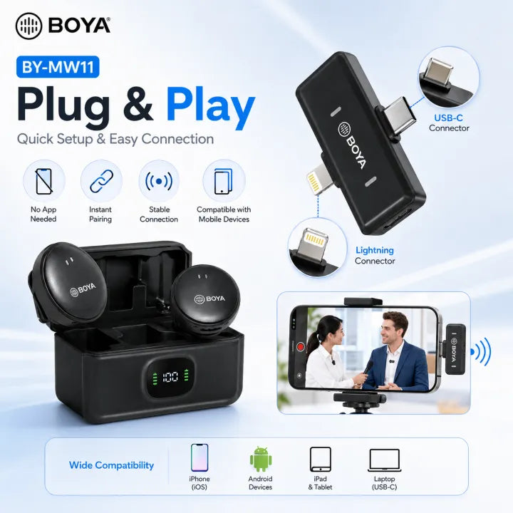 BOYA BY-MW11 Wireless Microphone with Charging Case | Dual Clip-On Lavalier Mic | 360° Voice Pickup | Plug & Play Portable Mic for YouTube, Vlogging, Interviews, Live Streaming & Online Teaching
