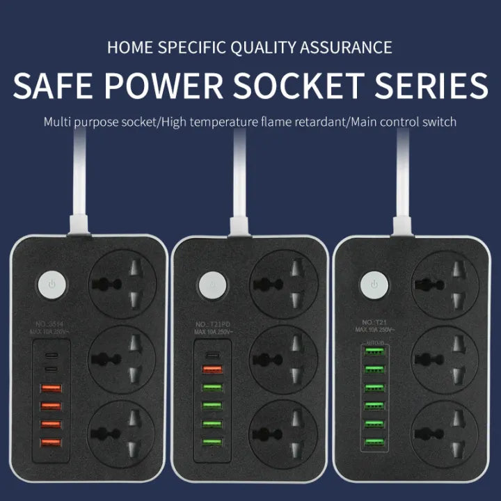 Speed-X 603PU Universal Power Extension Board | 3 AC Sockets, 3 USB & 2 Type-C Fast Charging Ports | 2M Heavy-Duty Cable | Multi-Plug Power Strip for Home, Office & Travel