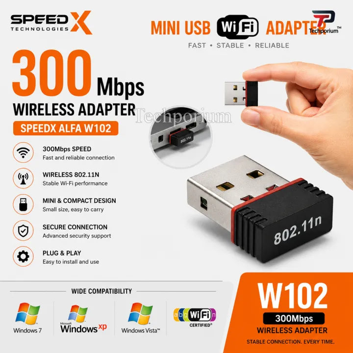 Speed-X Alfa W102 Wireless N USB WiFi Adapter 150Mbps | 2.4GHz 802.11b/g/n Wireless Network Adapter | Plug & Play WiFi Dongle for PC, Laptop, Desktop & Home Office
