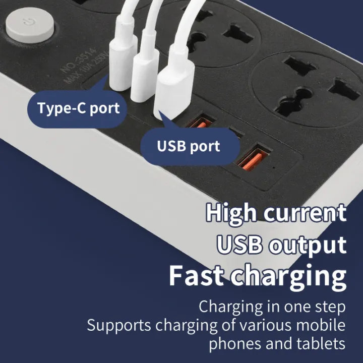 Speed-X 603PU Universal Power Extension Board | 3 AC Sockets, 3 USB & 2 Type-C Fast Charging Ports | 2M Heavy-Duty Cable | Multi-Plug Power Strip for Home, Office & Travel