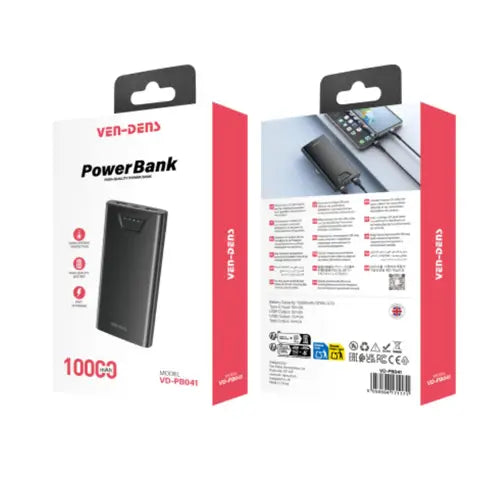 Ven-Dens VD-PB041 10000mAh Power Bank | Li-Polymer Portable Battery Charger | USB-C Input & Output | 2× USB-A Ports | LED Battery Display | Fast & Convenient Charging for Mobile & Smart Devices