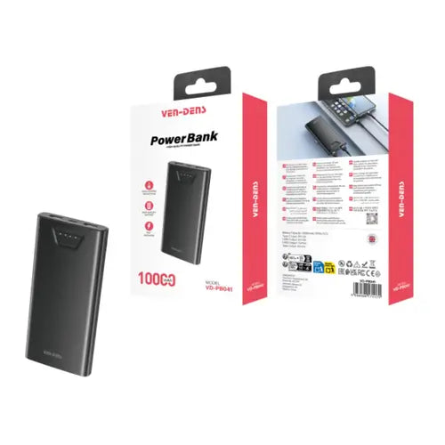 Ven-Dens VD-PB041 10000mAh Power Bank | Li-Polymer Portable Battery Charger | USB-C Input & Output | 2× USB-A Ports | LED Battery Display | Fast & Convenient Charging for Mobile & Smart Devices